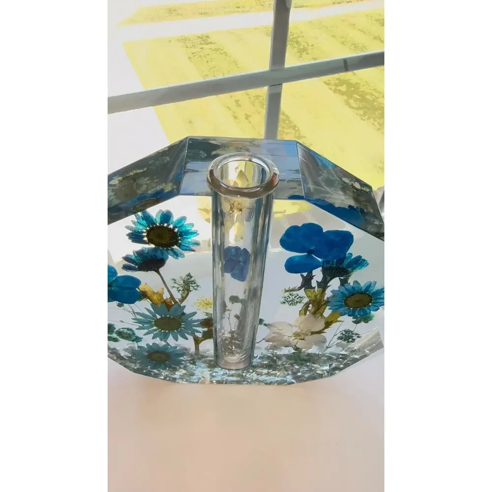 Forever Bloom Blue Meadow Bud Vase Real Pressed Flowers in Crystal Clear Resin